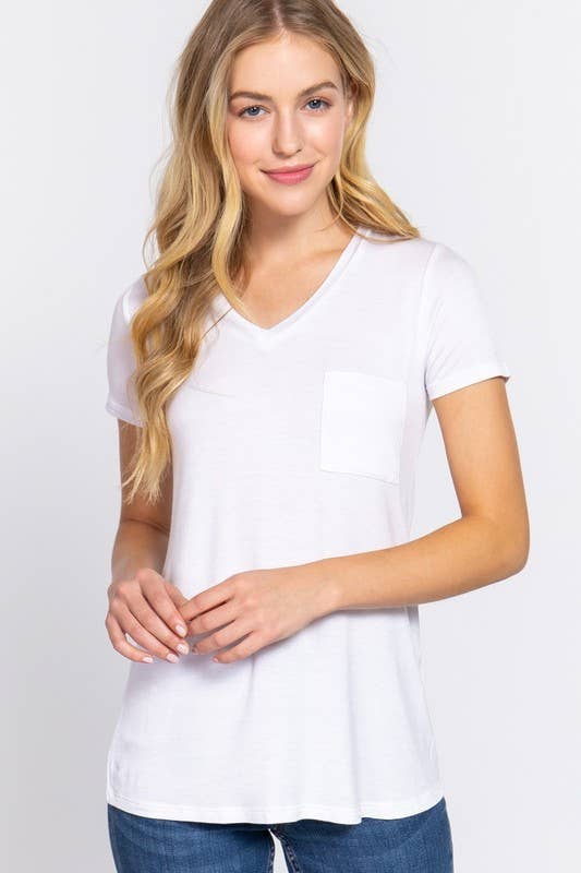 White Short Sleeve V-neck Top with Pocket