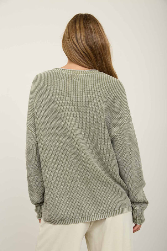 Olive WASHED RIBBED HENLEY KNIT SWEATER