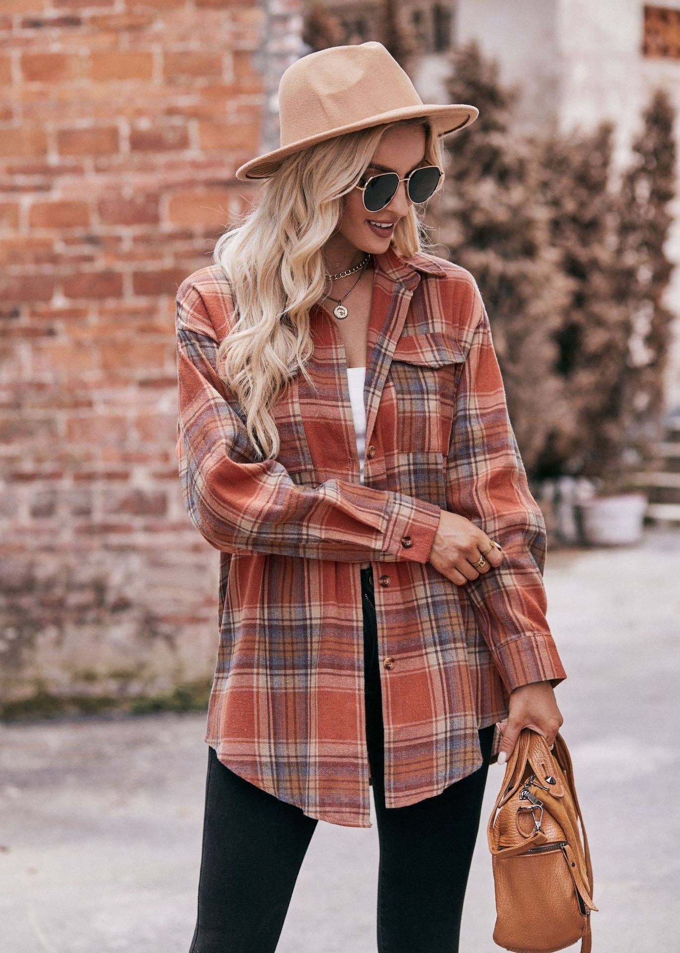 Caramel Oversized Loose Plaid Button Down