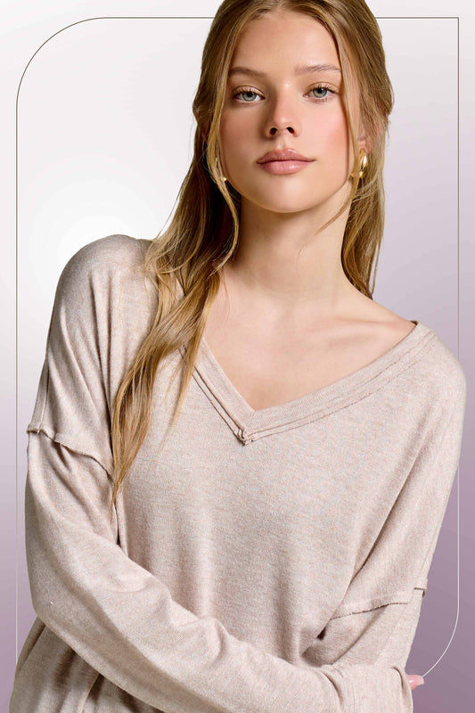 Beige V-Neck Raw Edge Long Sleeve Top