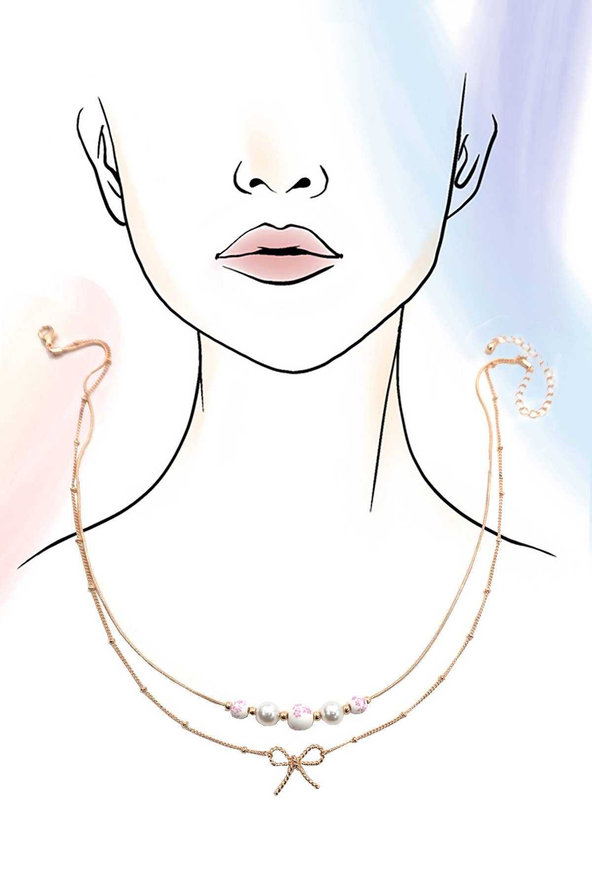Pink Pearl + Porcelain Layered Bow Necklace