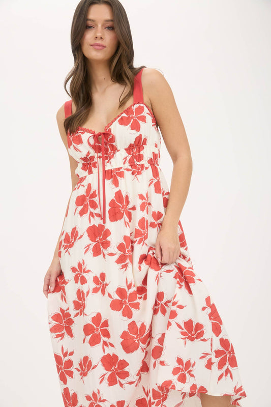 Red Floral Front Tie Sweetheart Midi Dress