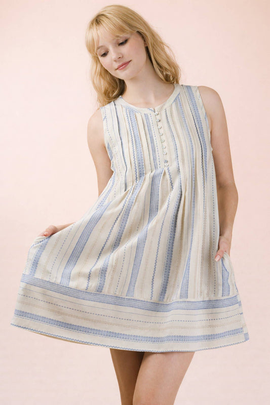 Light Blue Striped Woven Mini Dress