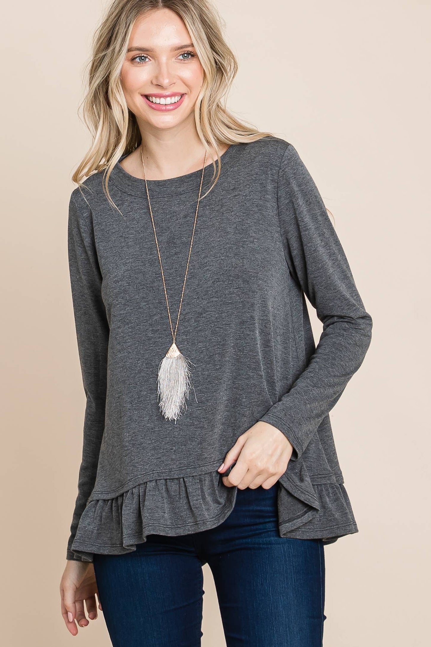 Charcoal Long Sleeve Top with Ruffle Hem Trim