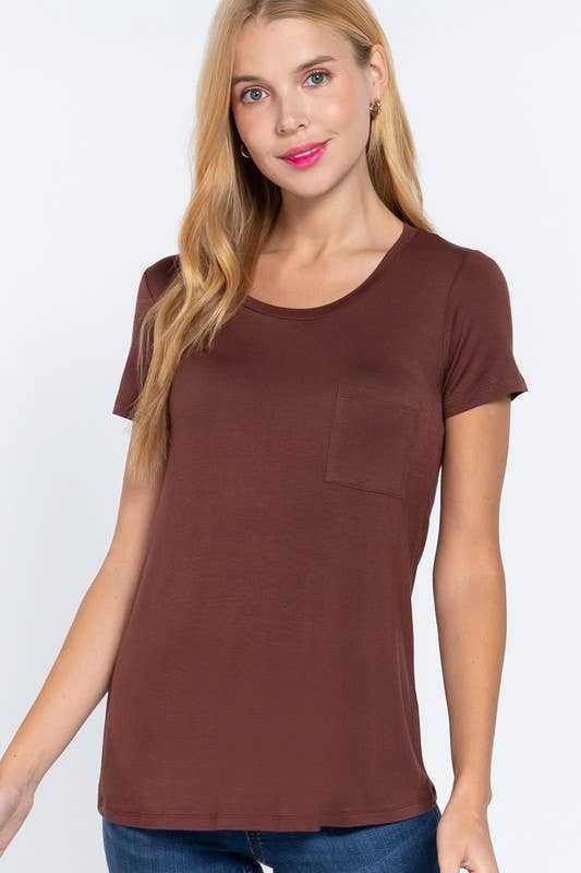 Sepia Brown Short Sleeve Scoop Neck Tee with Pocket