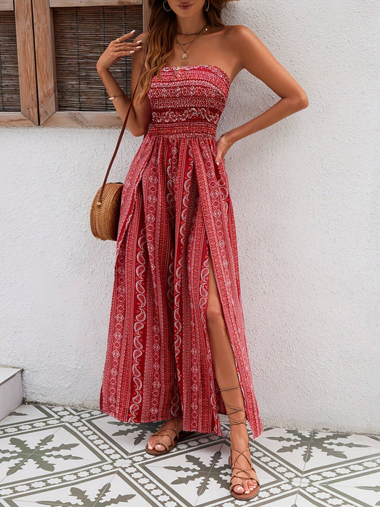 Red Strapless Wide Leg Jumpsuit For Women