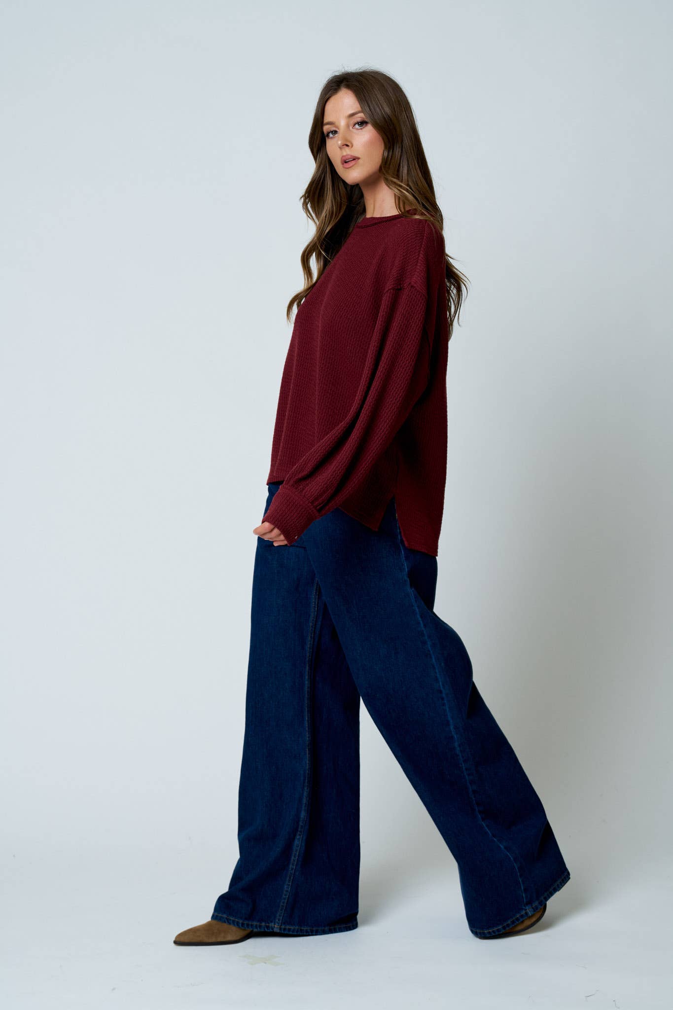 Burgundy - Textured Exposed Seam Oversized Knit Top