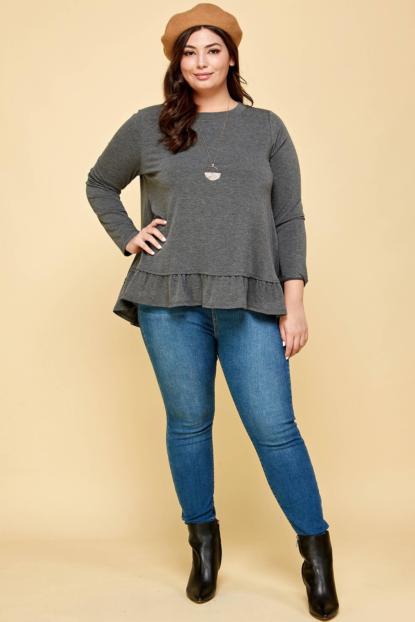 Charcoal Long Sleeve Top with Ruffle Hem Trim