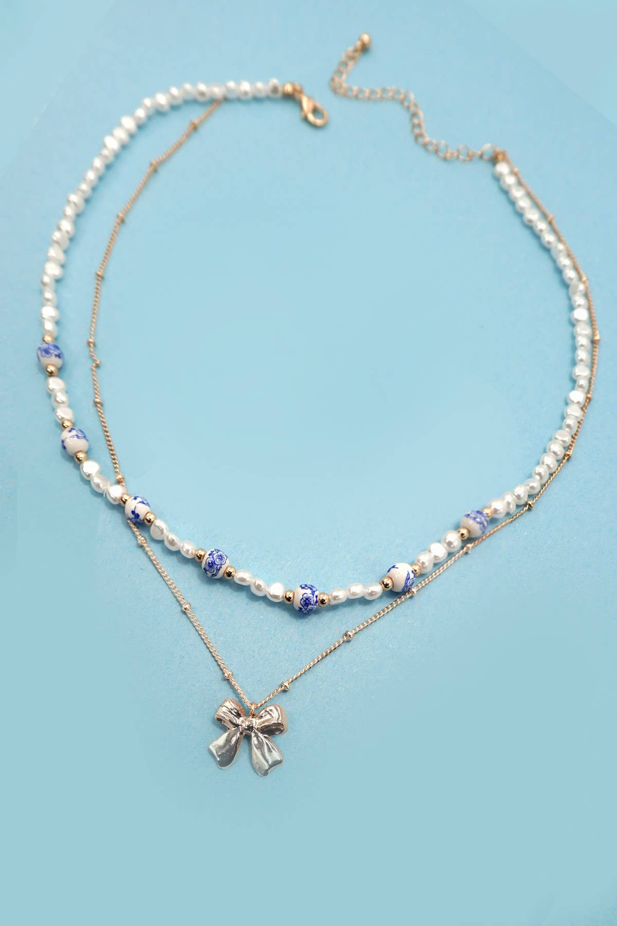 Blue Pearl + Porcelain Layered Bow Necklace