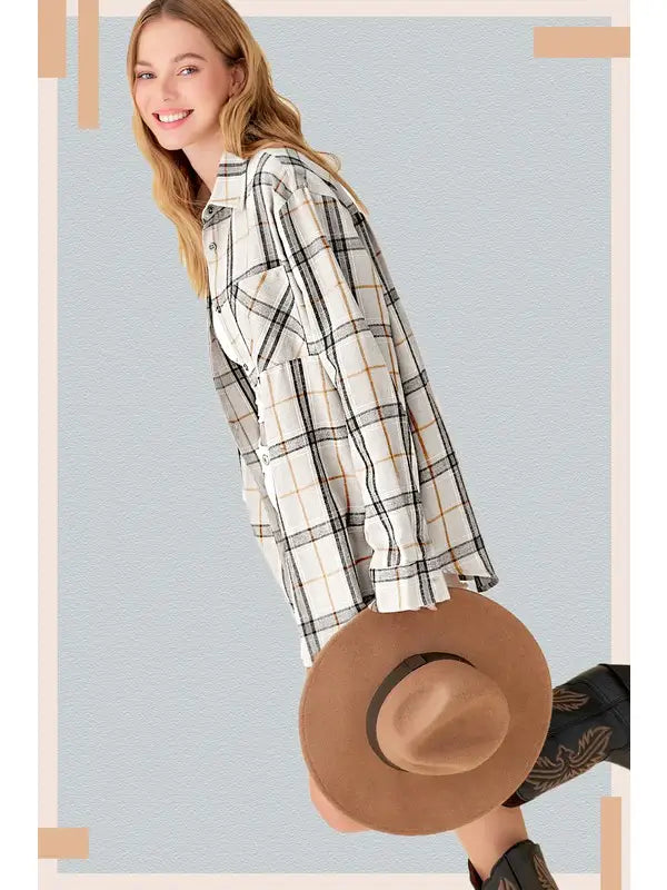 Bone Loose Fit Button Down Soft Plaid Shirt