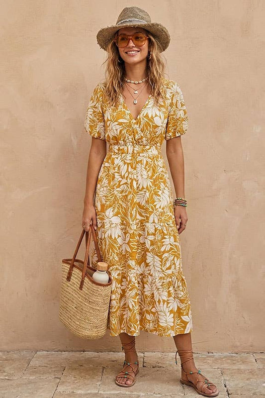 Mustard Floral Puff Sleeve Midi Dress