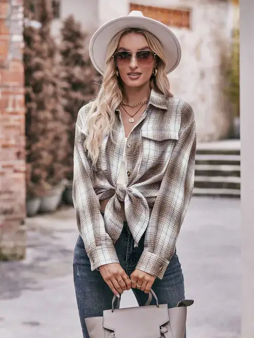 Coffee Oversized Loose Plaid Button Down