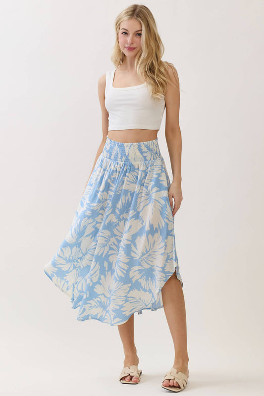 Light Blue Floral Waist Smocked Round Bottom Midi Skirt