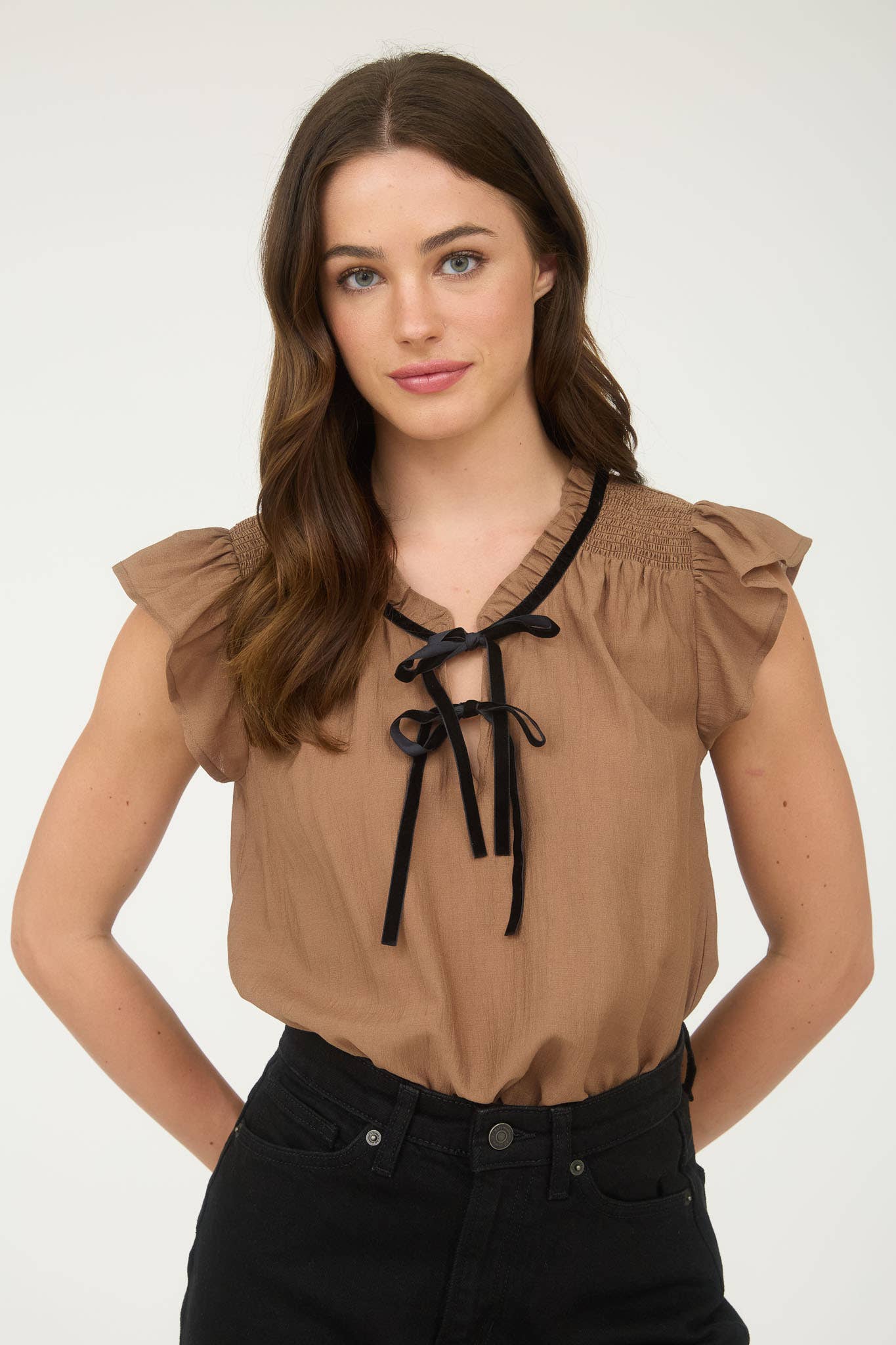 Ivory Contrast Front Bow Short Sleeve Blouse