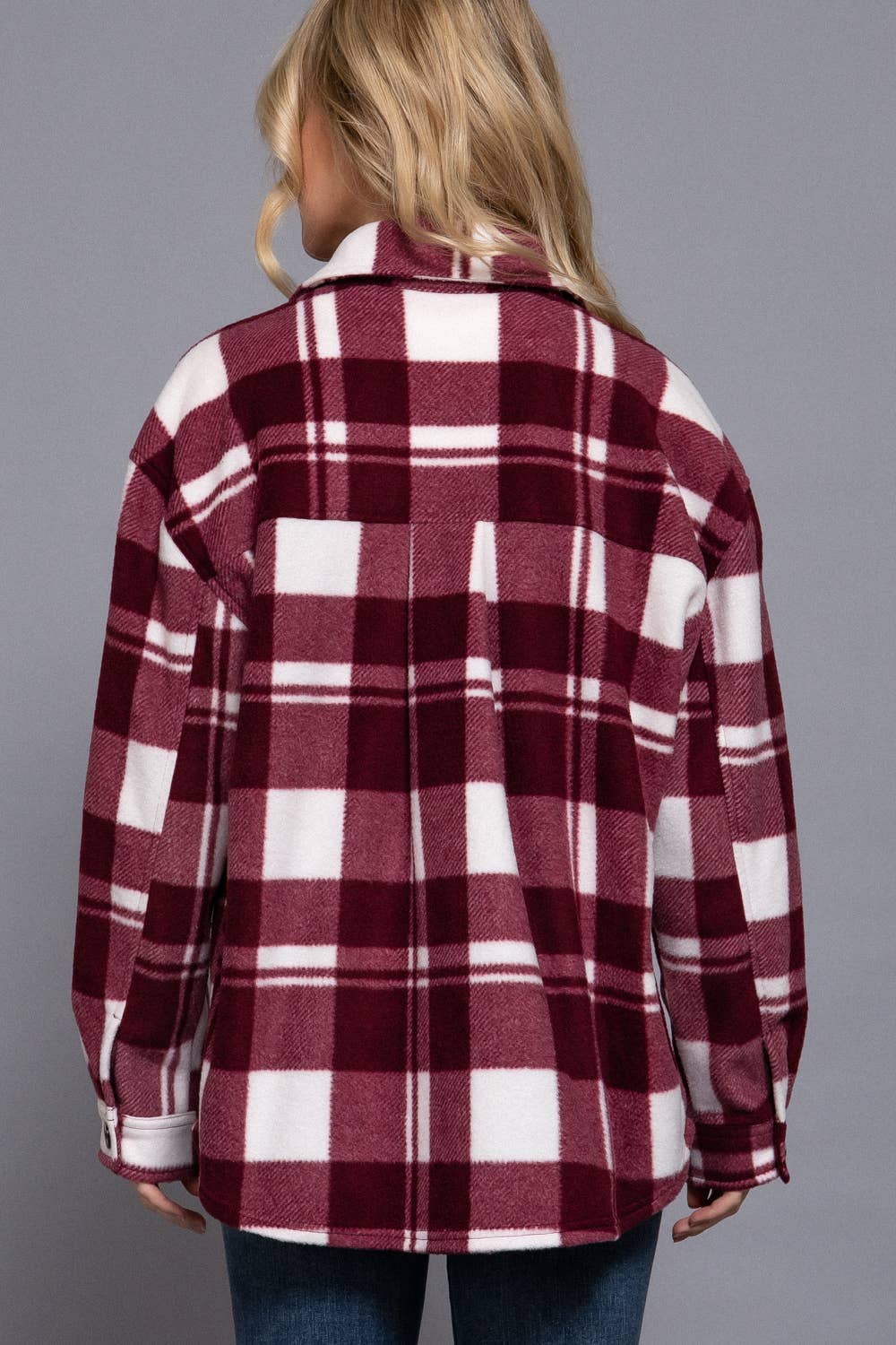 Burgundy Checkered Print Fleece Shacket