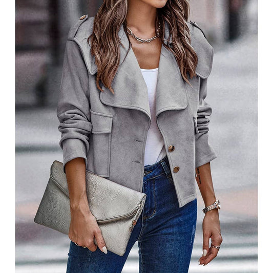 Grey Button Front Open Pockets Jacket