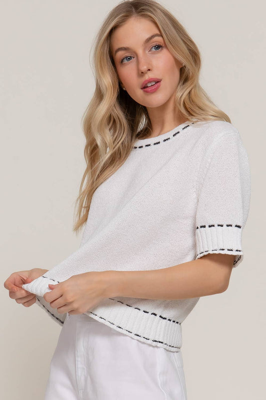 White/Black Contrast Stitch Short Sleeve Sweater