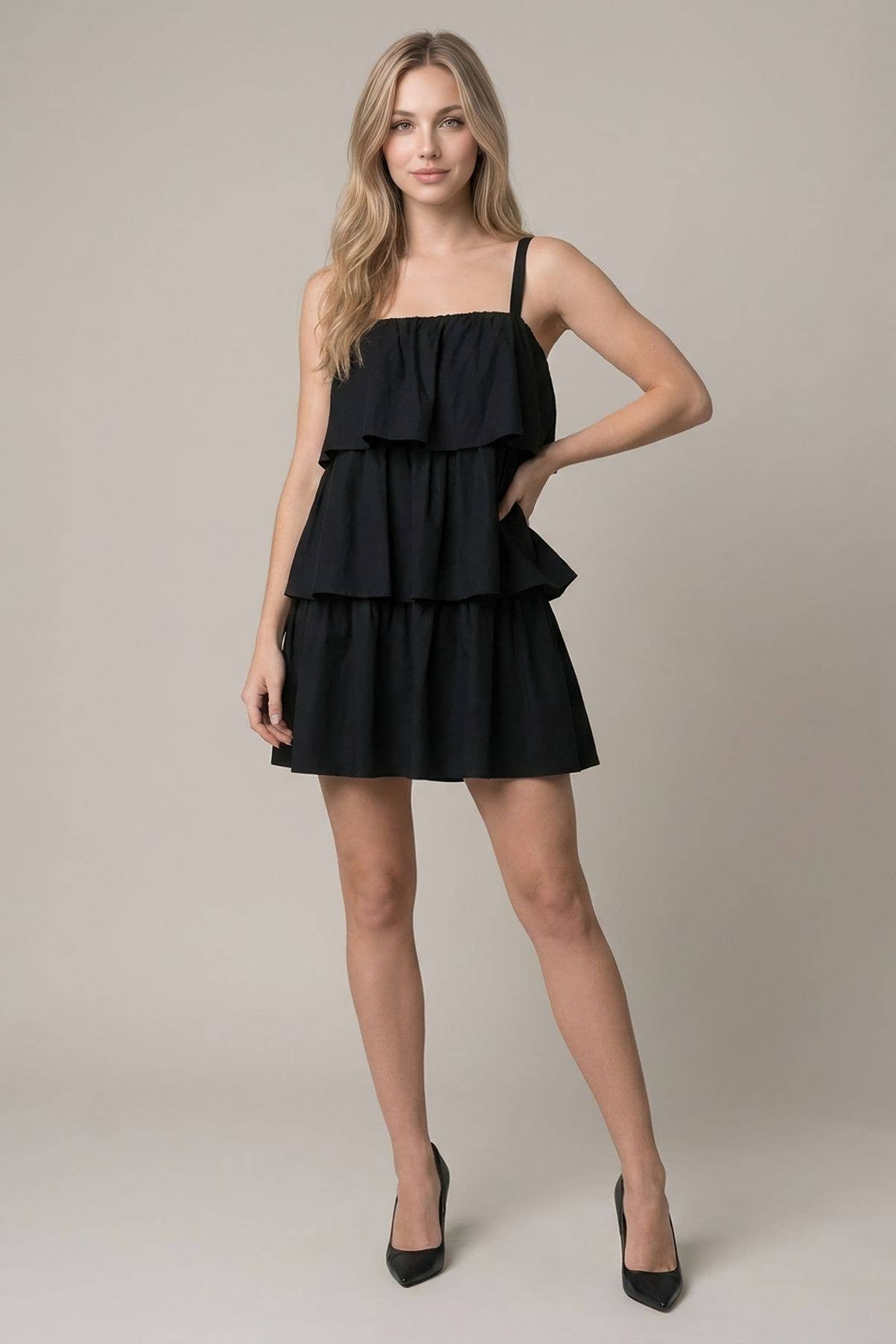 BLACK SQUARE NECK TIERED MINI DRESS