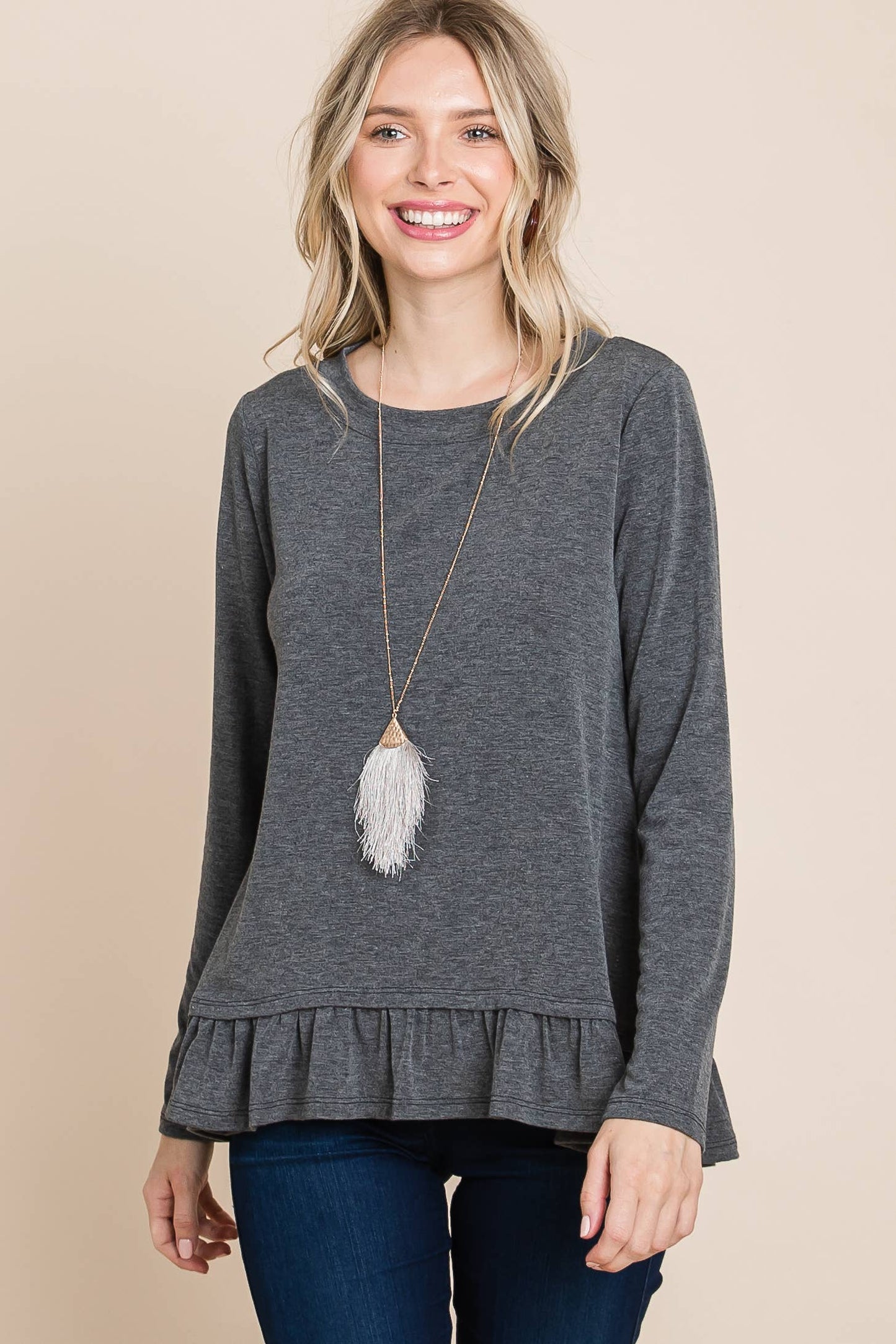 Charcoal Long Sleeve Top with Ruffle Hem Trim