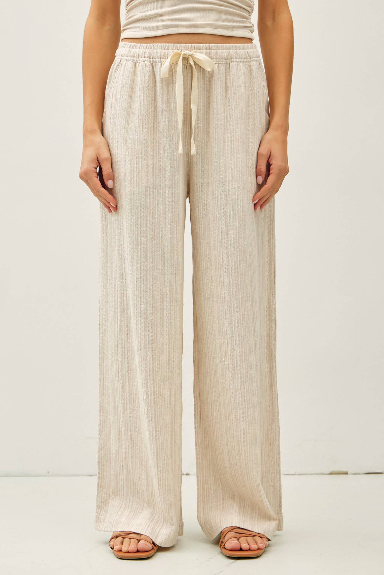 Natural Striped Linen Wide Leg Pants