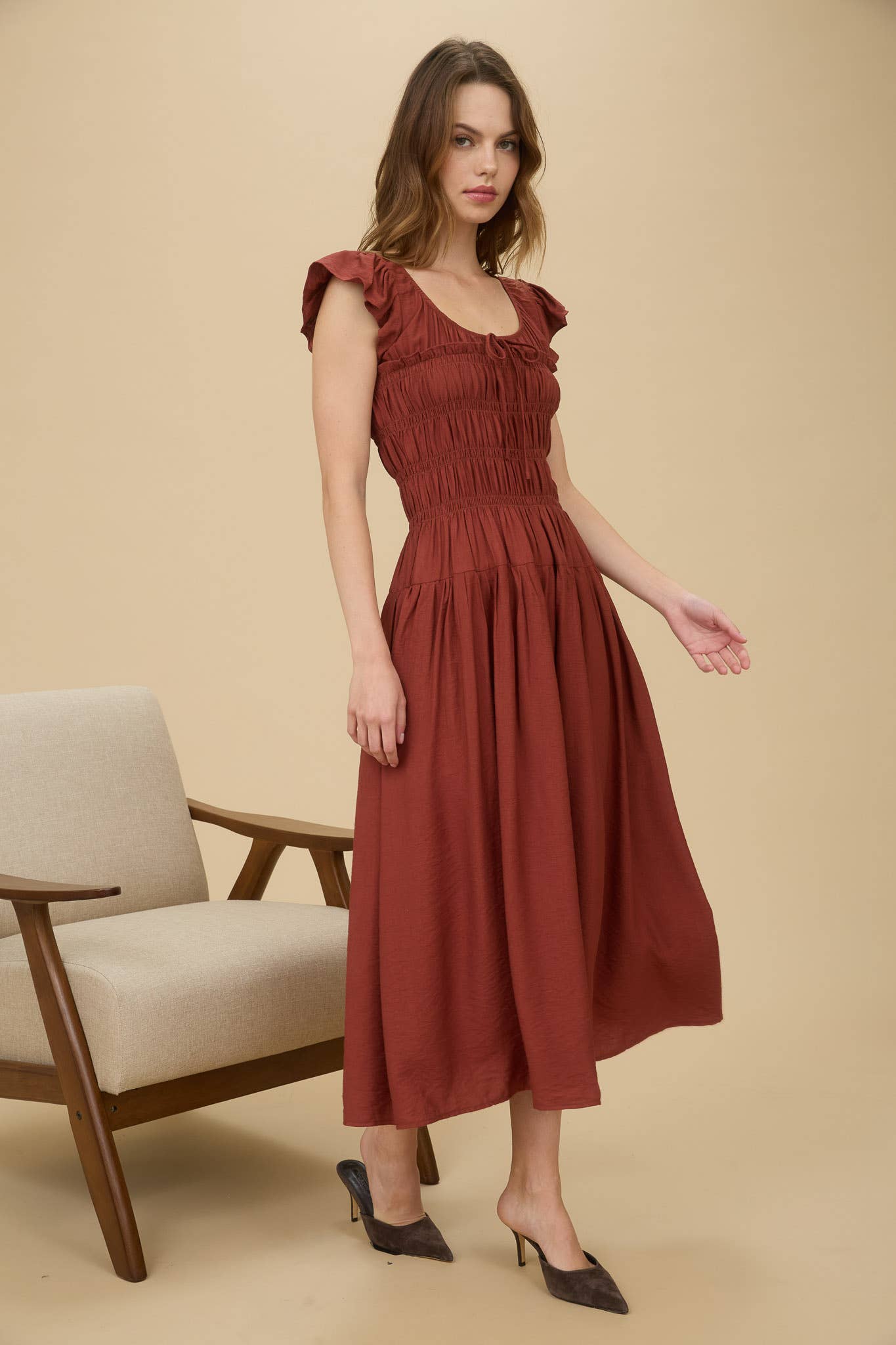Sienna Shirred Bodice Ruffle Sleeve Midi Dress