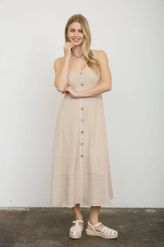 KHAKI STRIPE SWEETHEART BUTTON DOWN MIDI DRESS