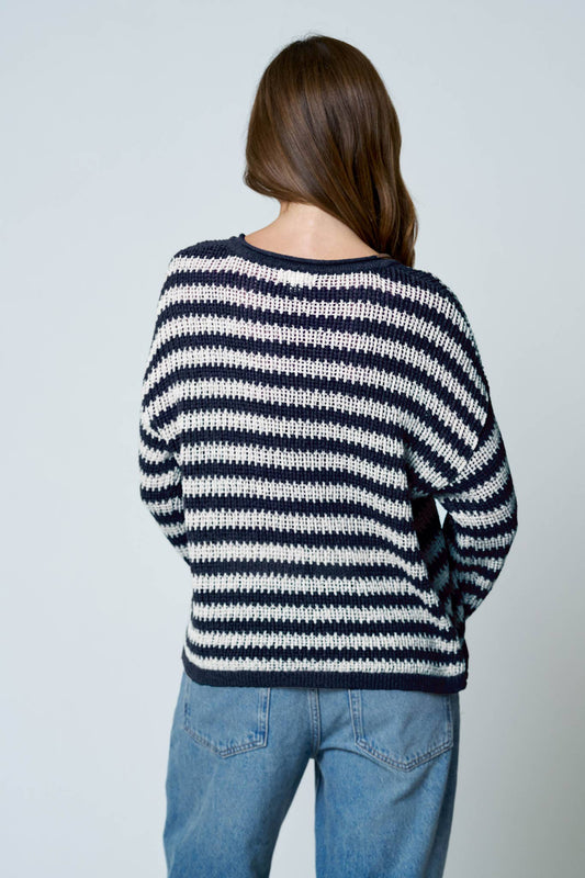 Navy Striped Split Neck Sweater