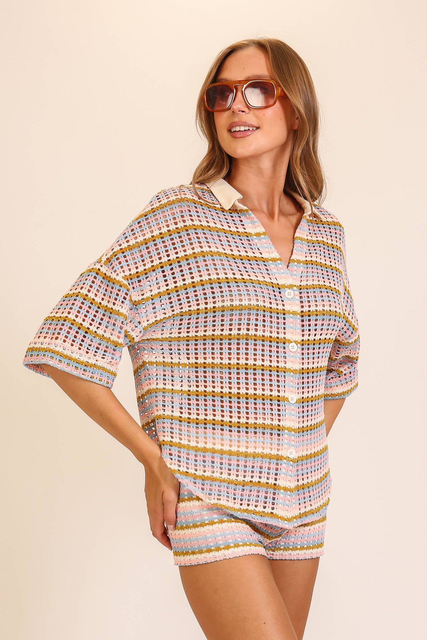 Striped Open-Knit Button Up Short Set
