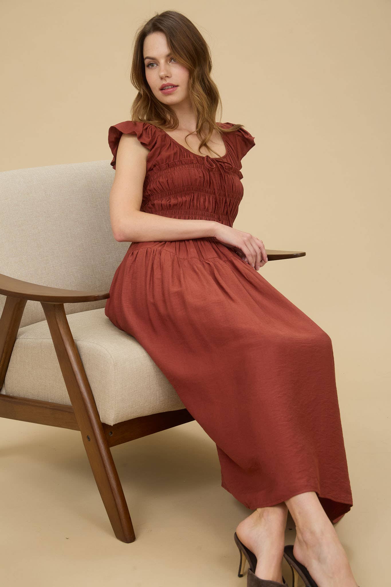 Sienna Shirred Bodice Ruffle Sleeve Midi Dress