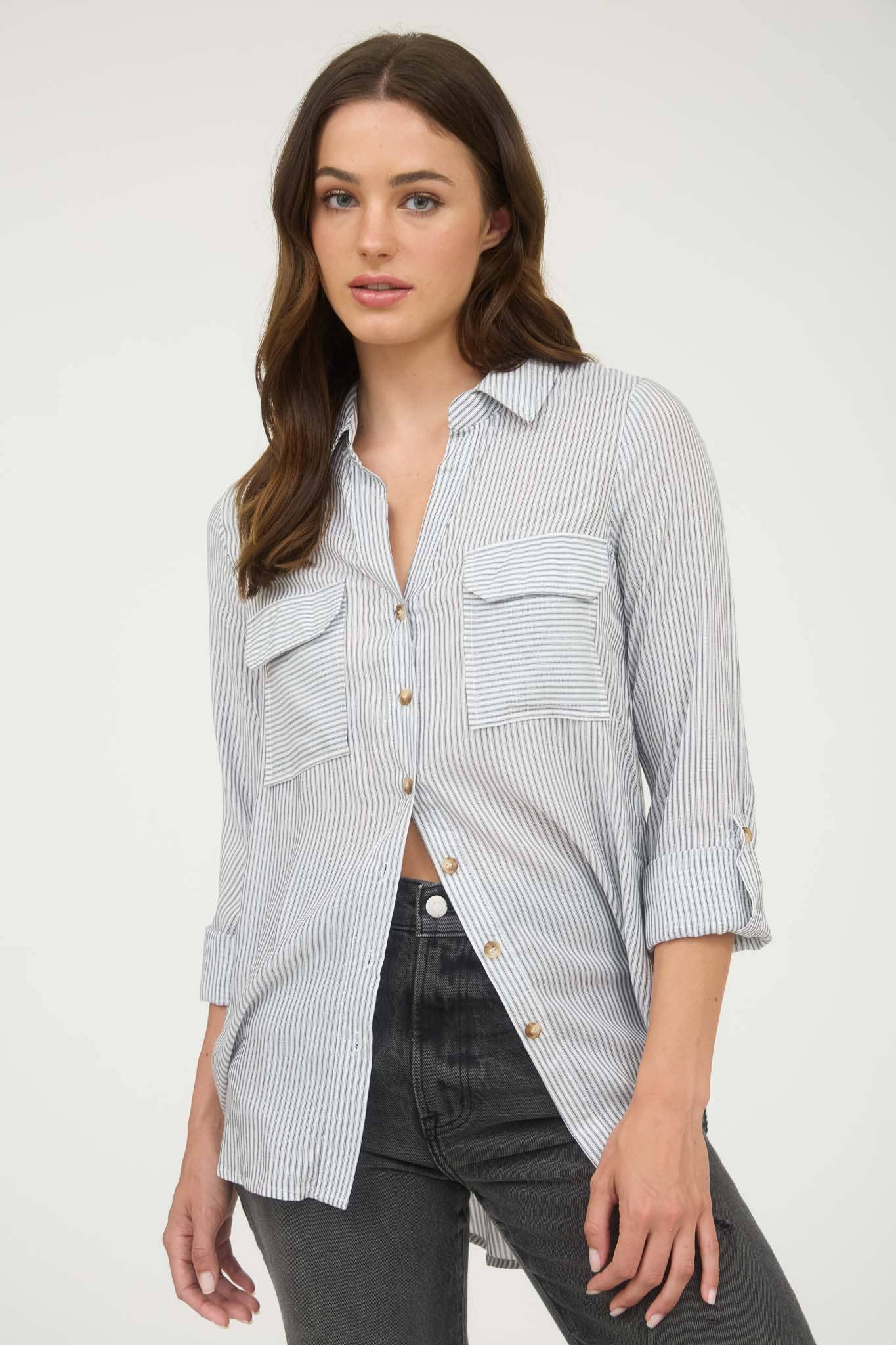CHARCOAL STRIPED COLLARED BUTTON DOWN WITH POCKETS