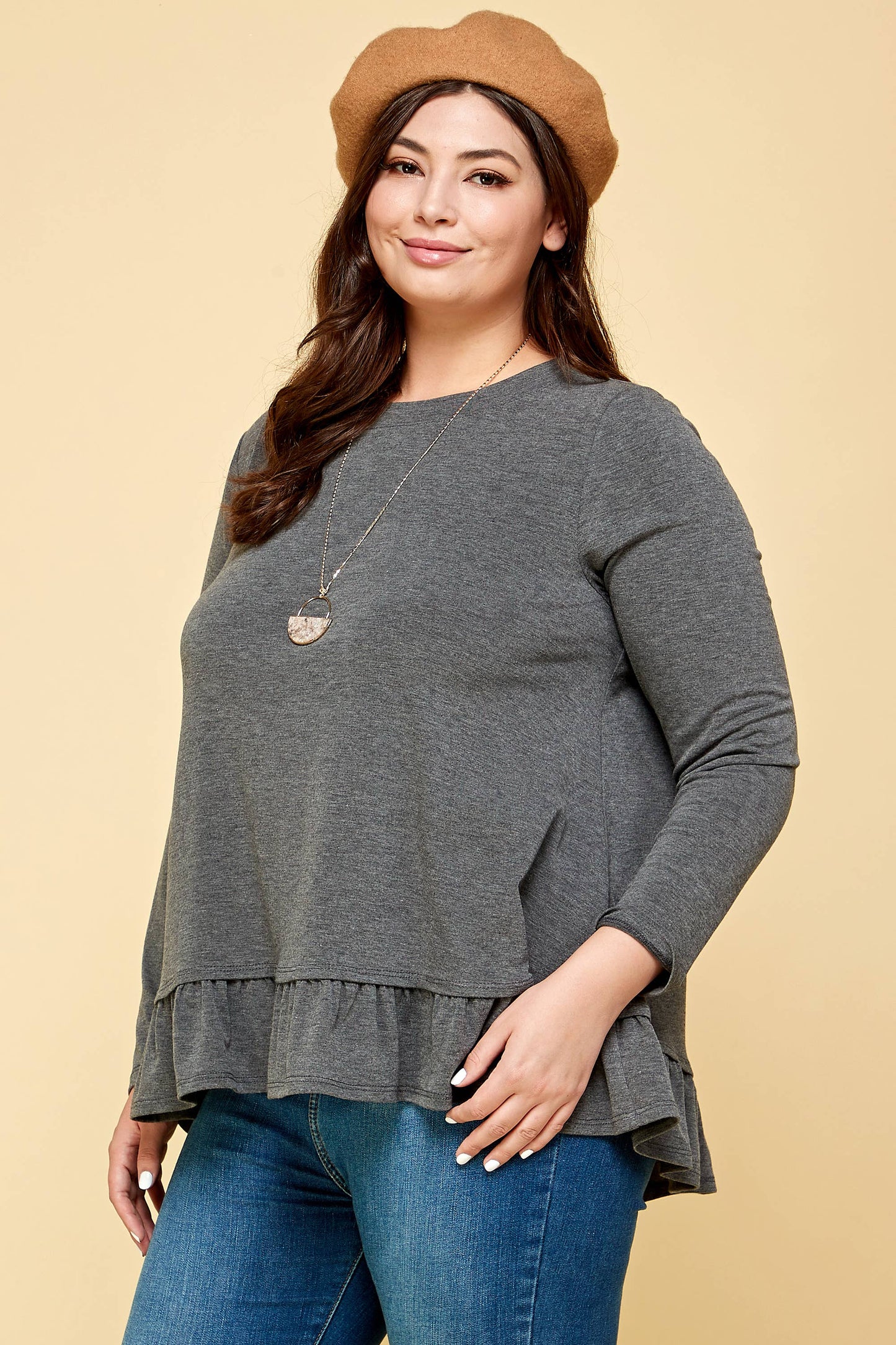 Charcoal Long Sleeve Top with Ruffle Hem Trim