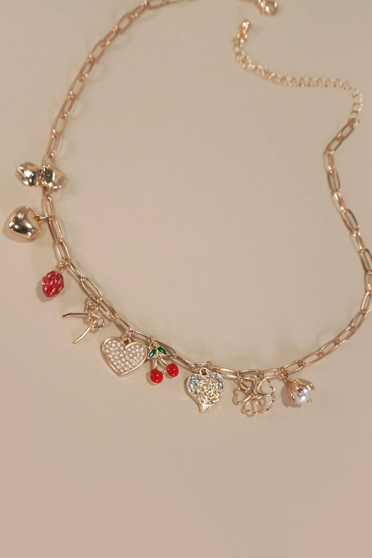 Bow Heart Cherry Charm Necklace