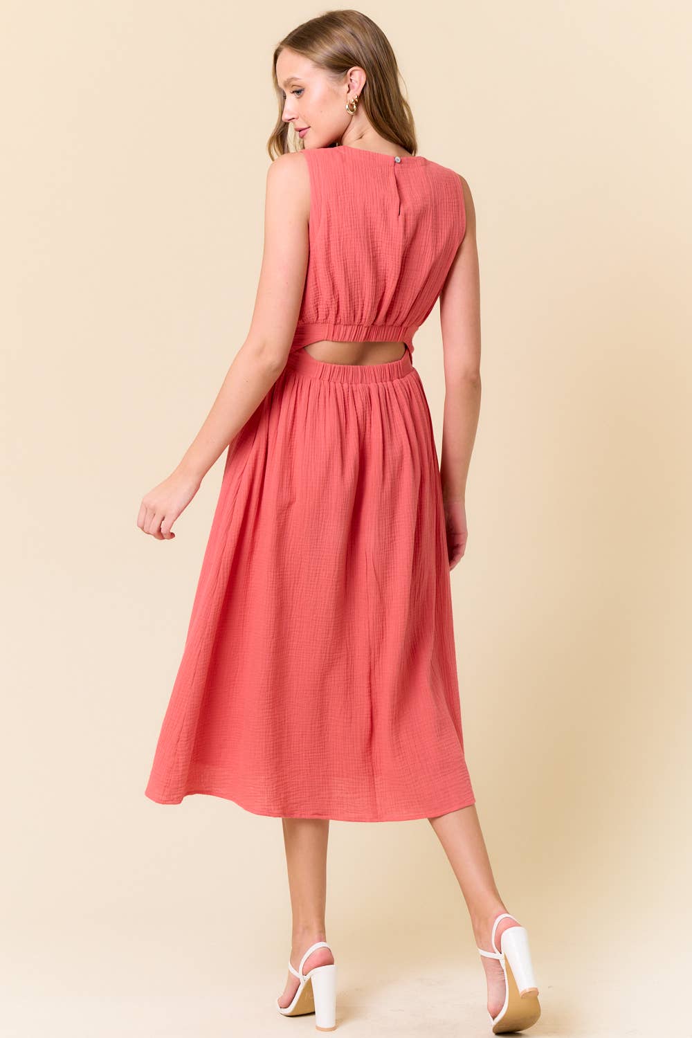 Coral Cut Out Waist Dress with pockets