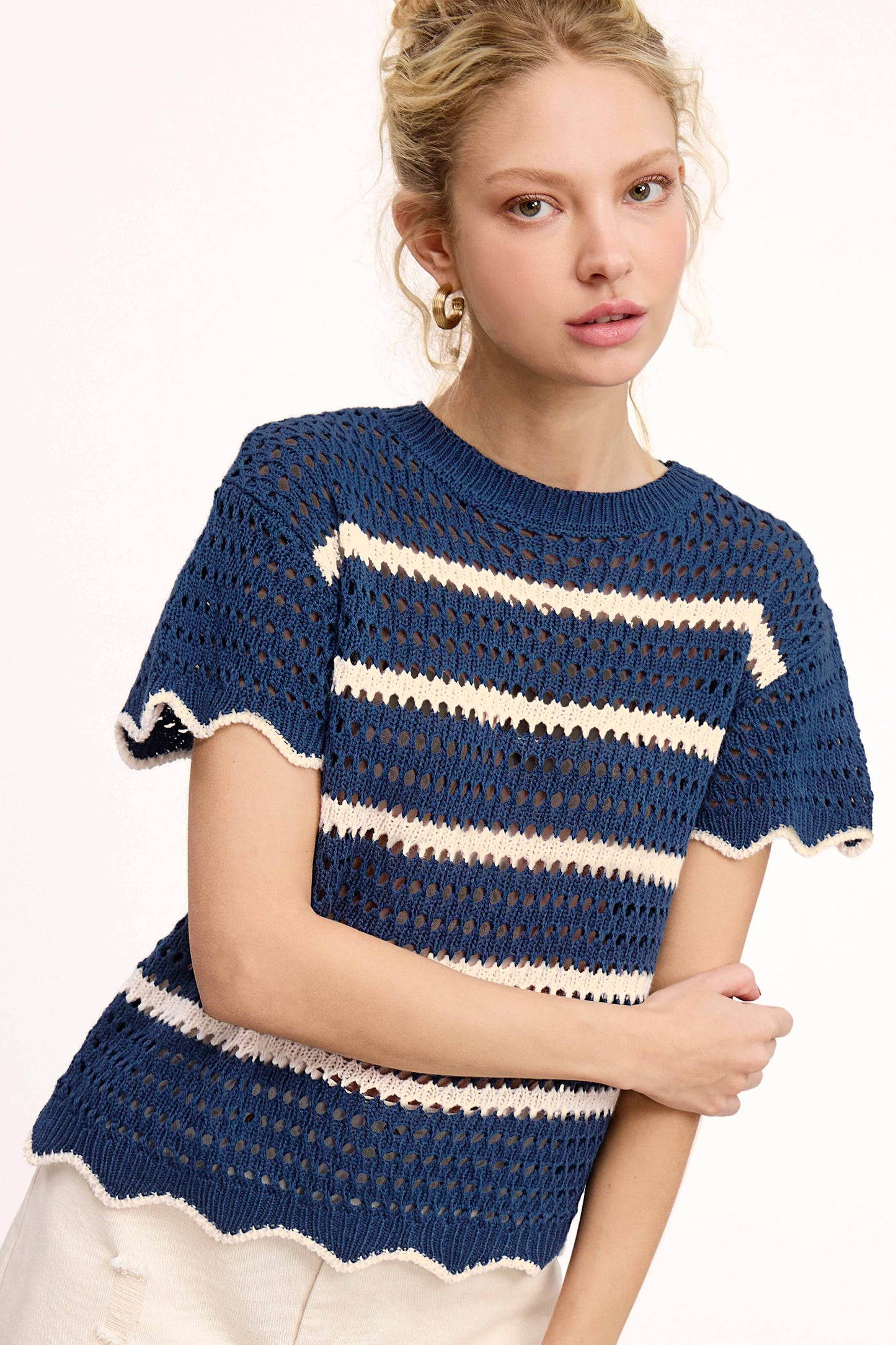 Navy Scalloped Edge Short Sleeve Sweater