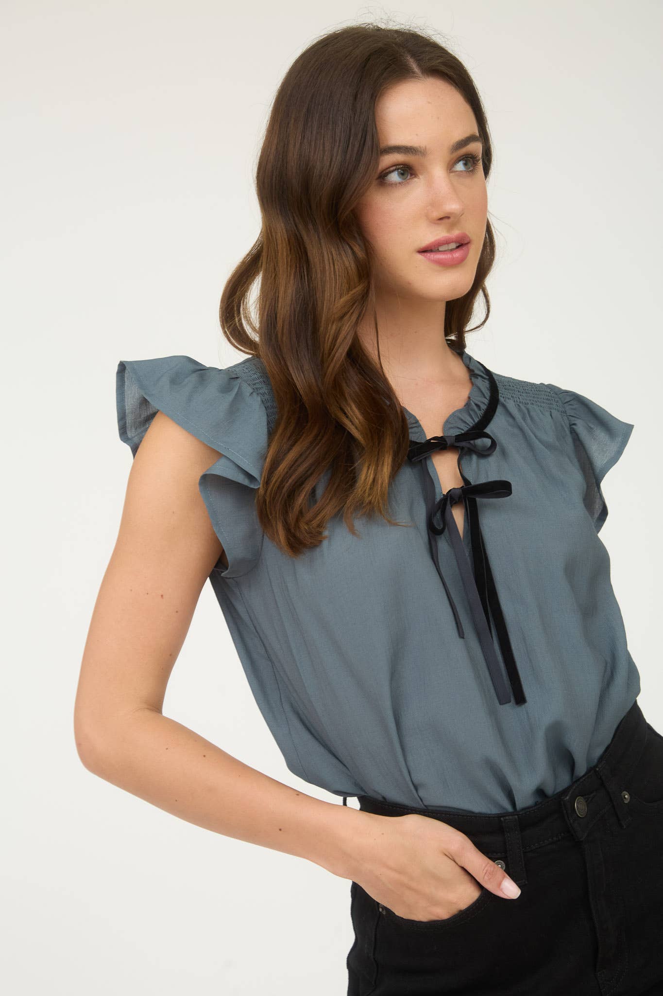Ivory Contrast Front Bow Short Sleeve Blouse