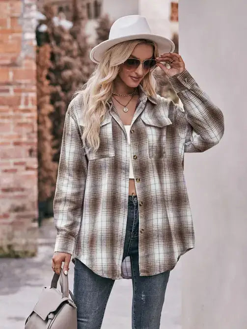 Coffee Oversized Loose Plaid Button Down