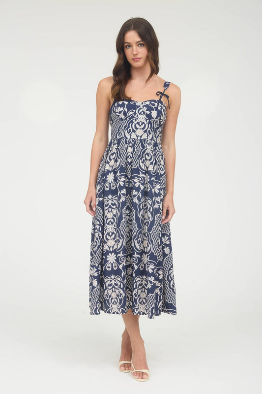 Navy Floral Damask Bow Detail Sleeveless Midi Dress