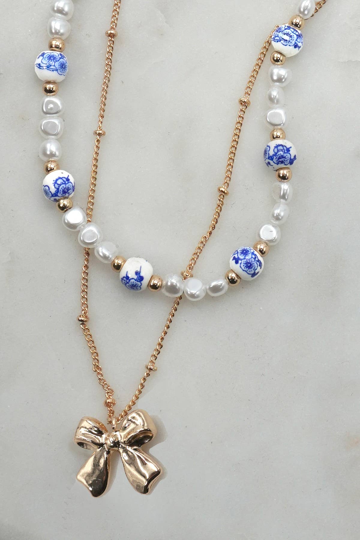 Blue Pearl + Porcelain Layered Bow Necklace
