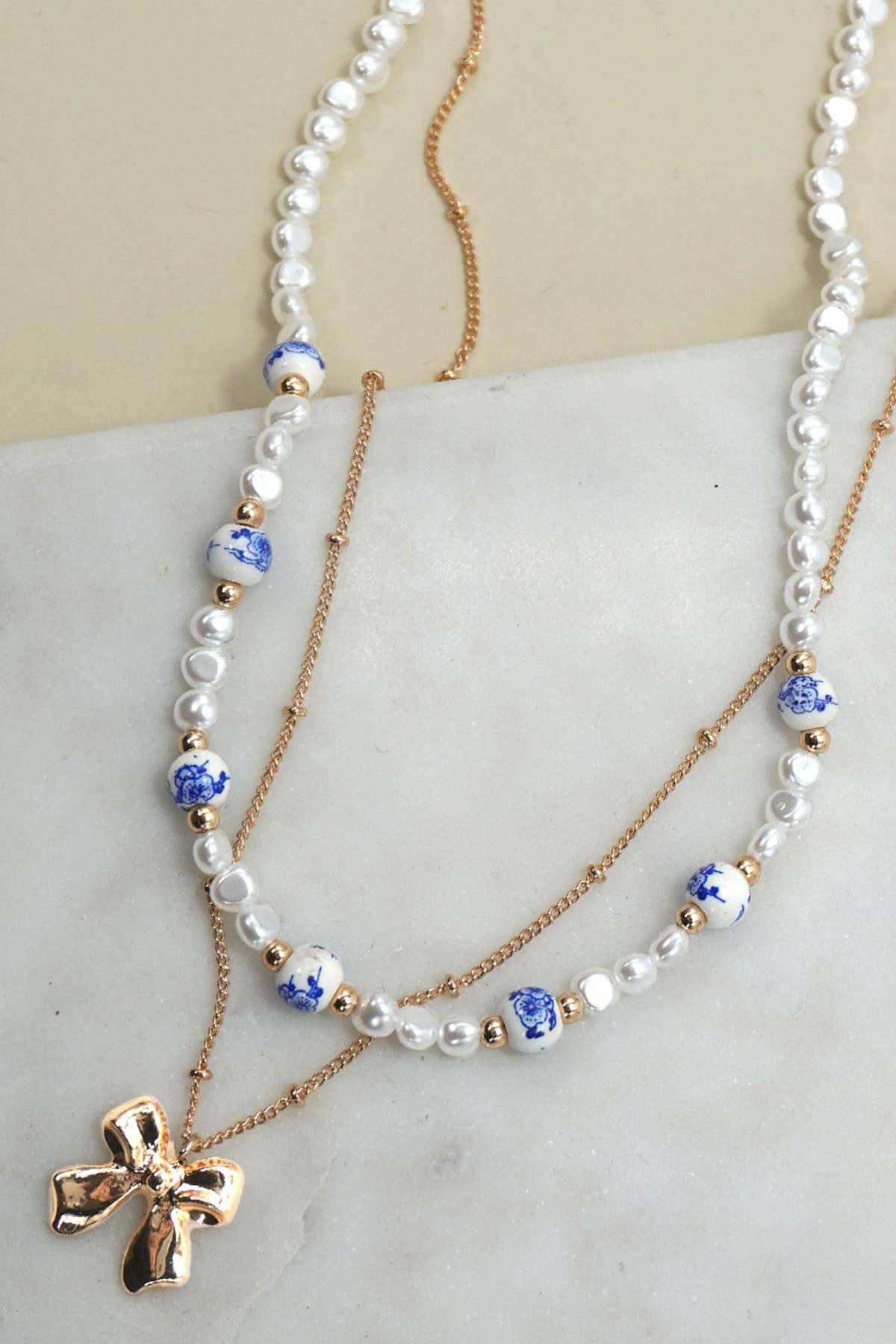 Blue Pearl + Porcelain Layered Bow Necklace
