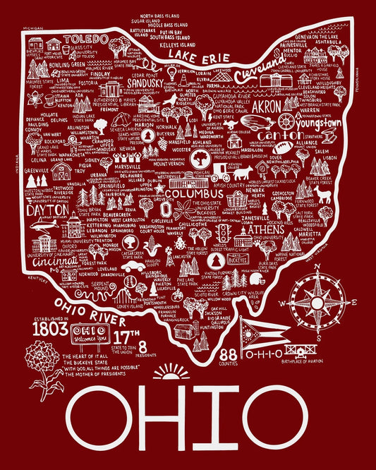 Ohio Map 8x10 Print - Red