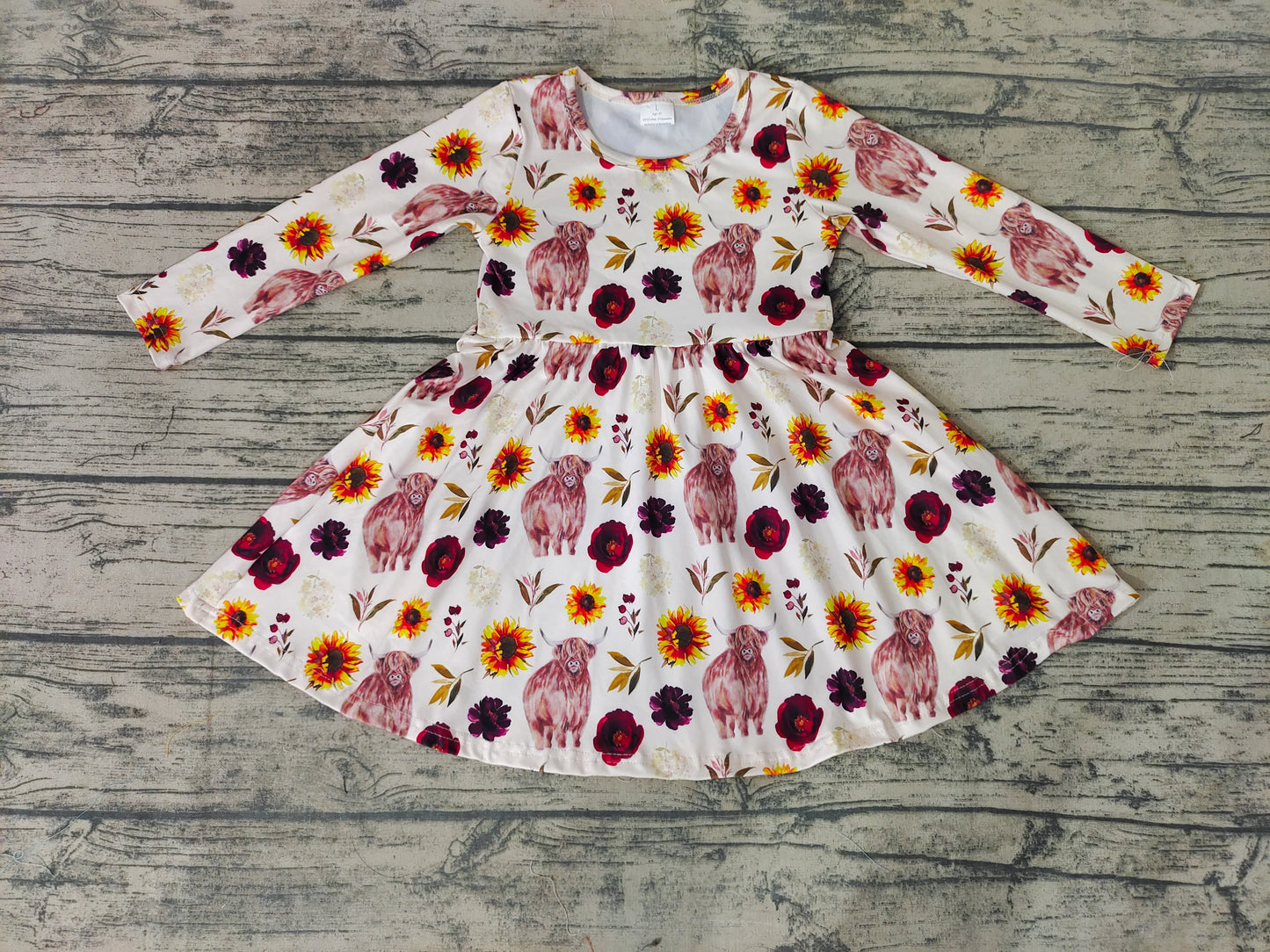 Girls Highland Cow Long Sleeve Dress