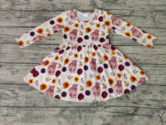 Girls Highland Cow Long Sleeve Dress