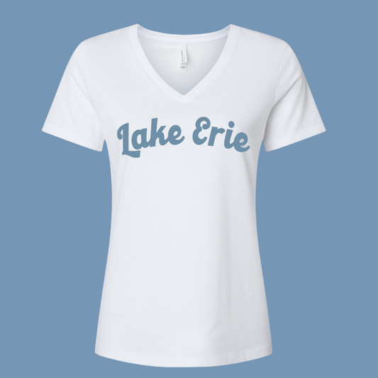 White Script Lake Erie Ladies Relaxed V-Neck