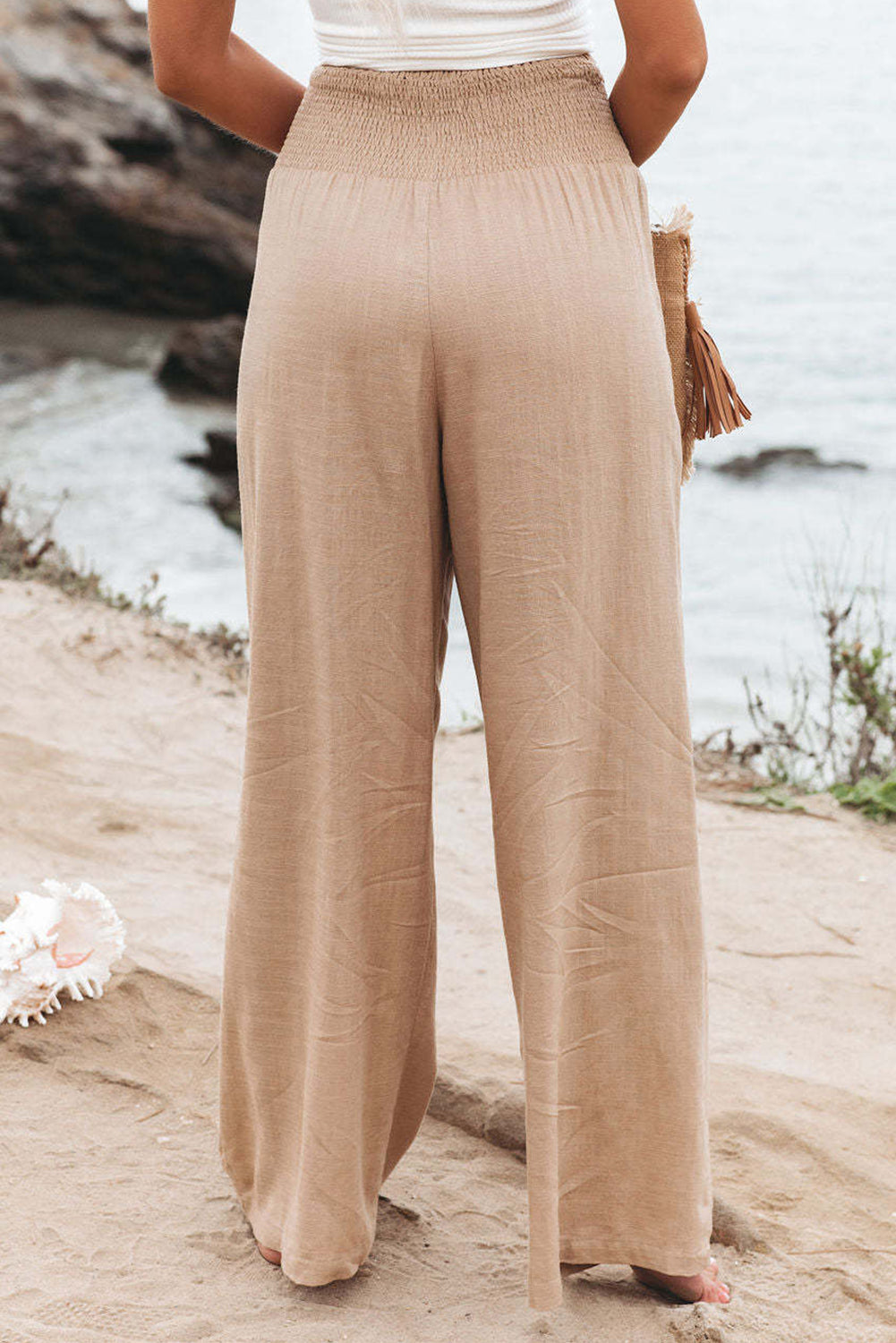 Khaki Smocked Wide Leg Pants