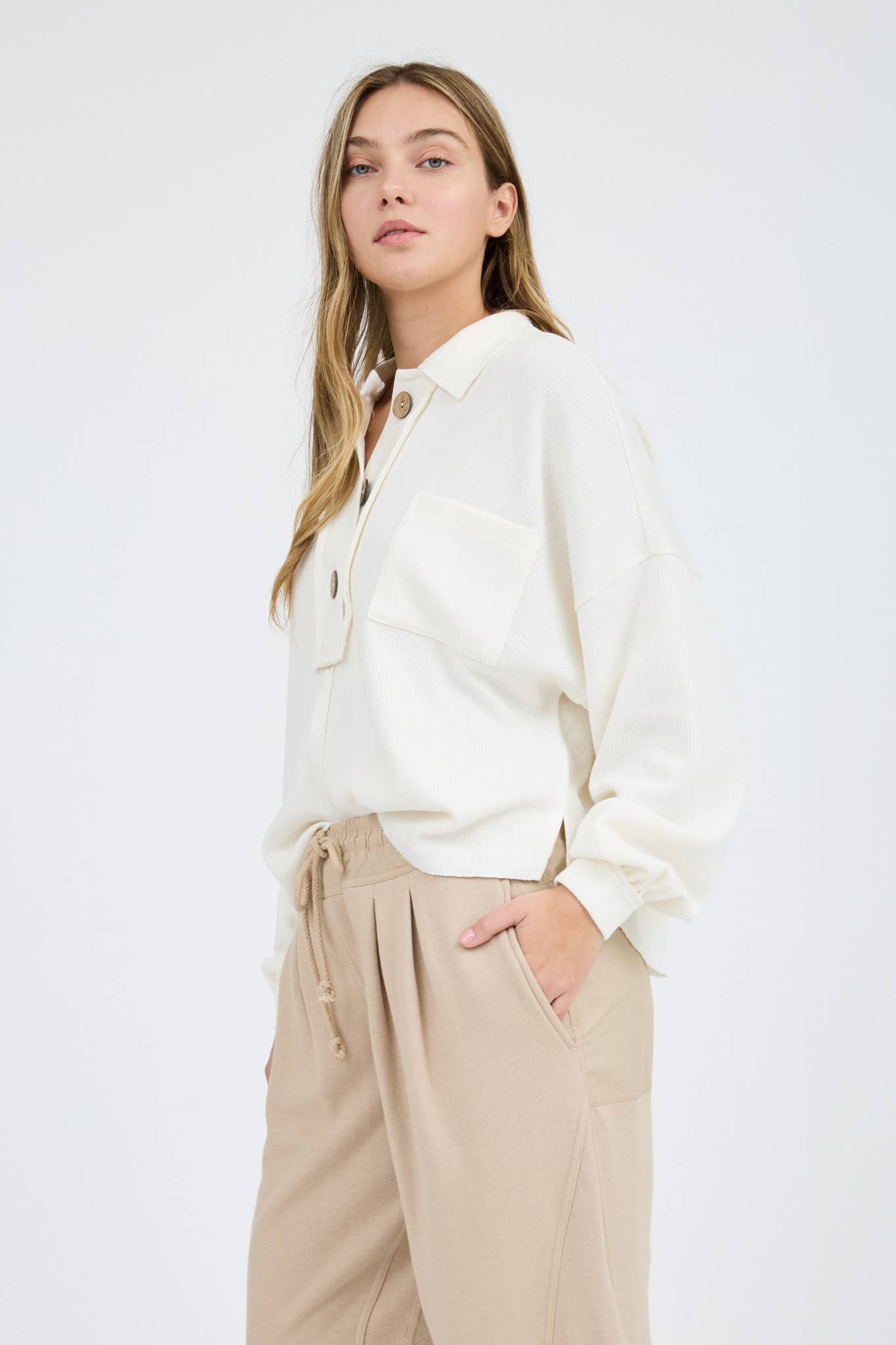 Ivory Raw Edge Collared Knit Top