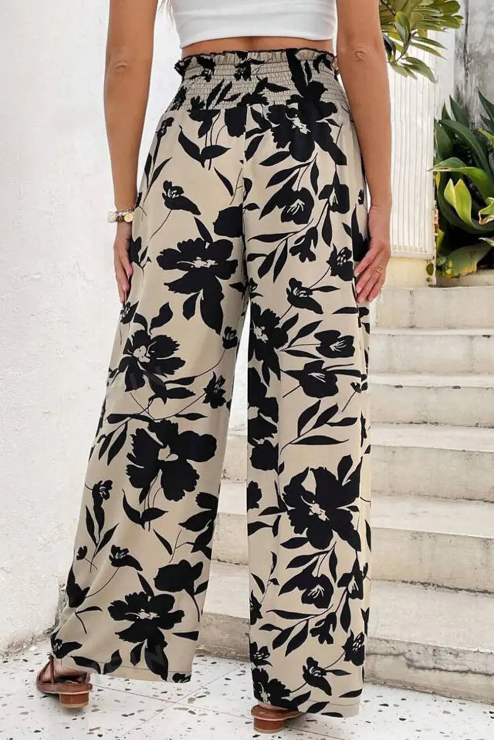 Black Floral Print Smocked High Waist Wide Leg Pants