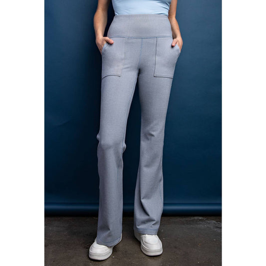 Chambray - Rib Brushed Bell Bottom Pants with Pockets