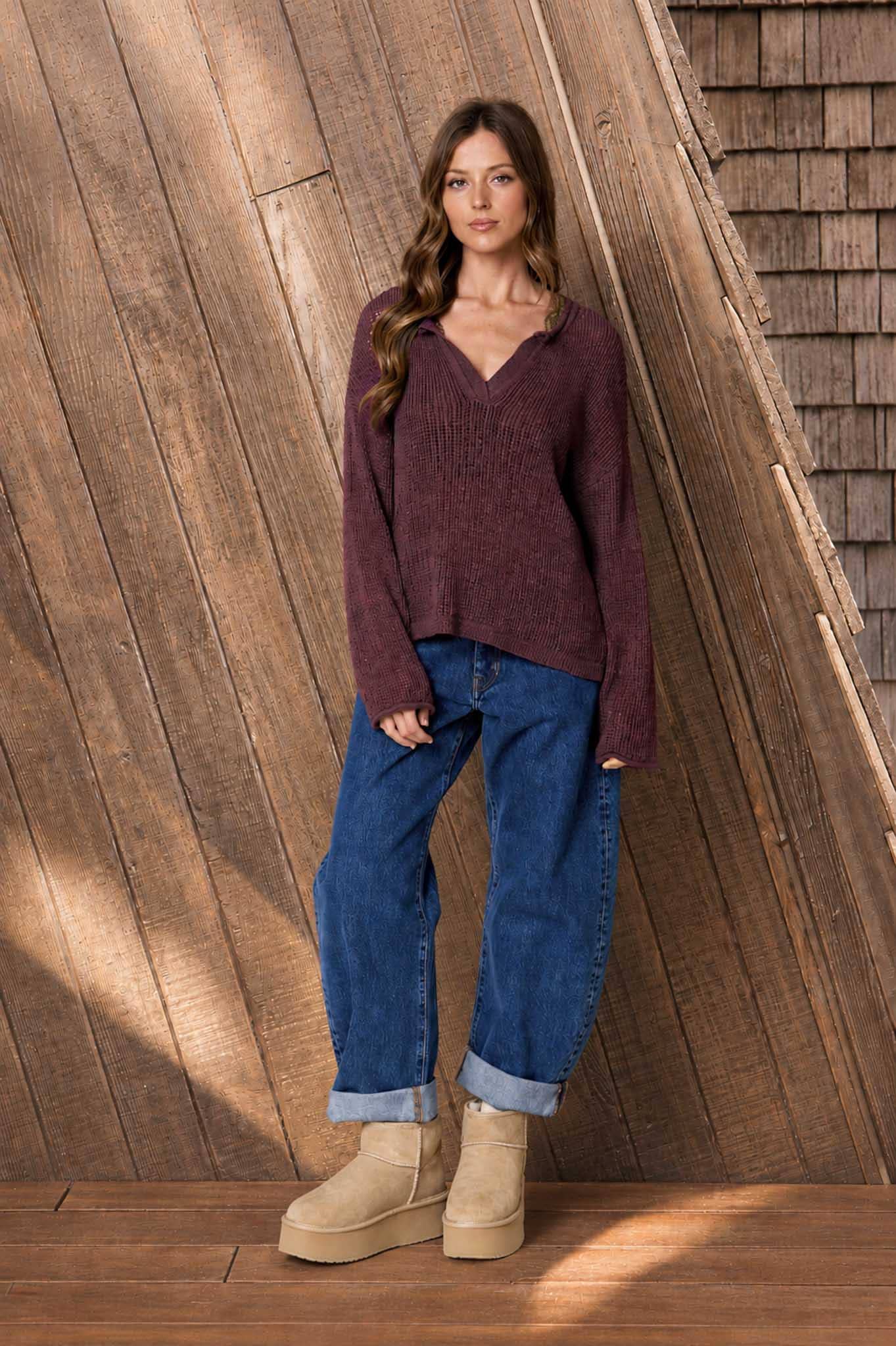 Oxblood Split neck Long Sleeve Sweater