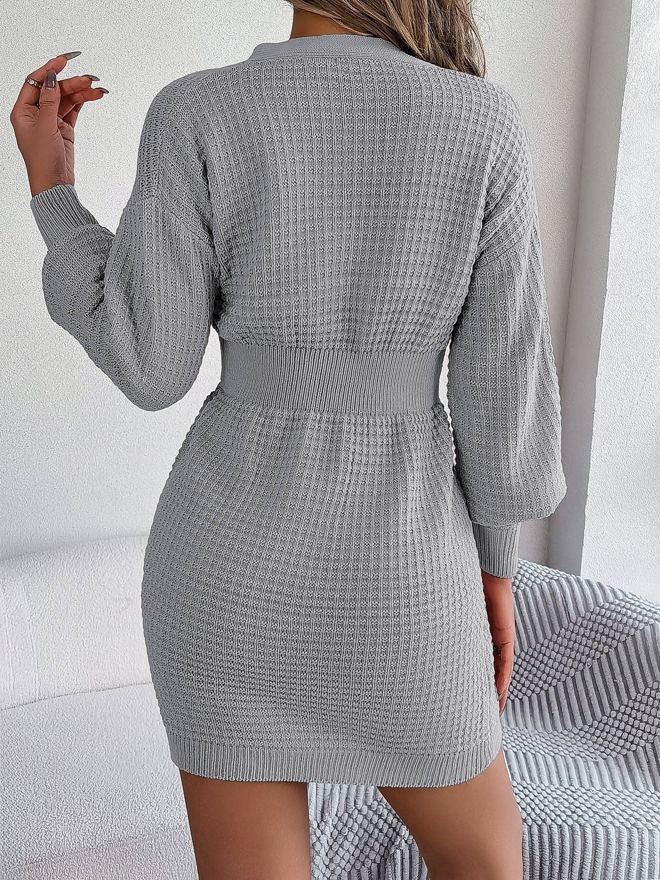 V-Neck Button Down Cable Knit Sweater Dress