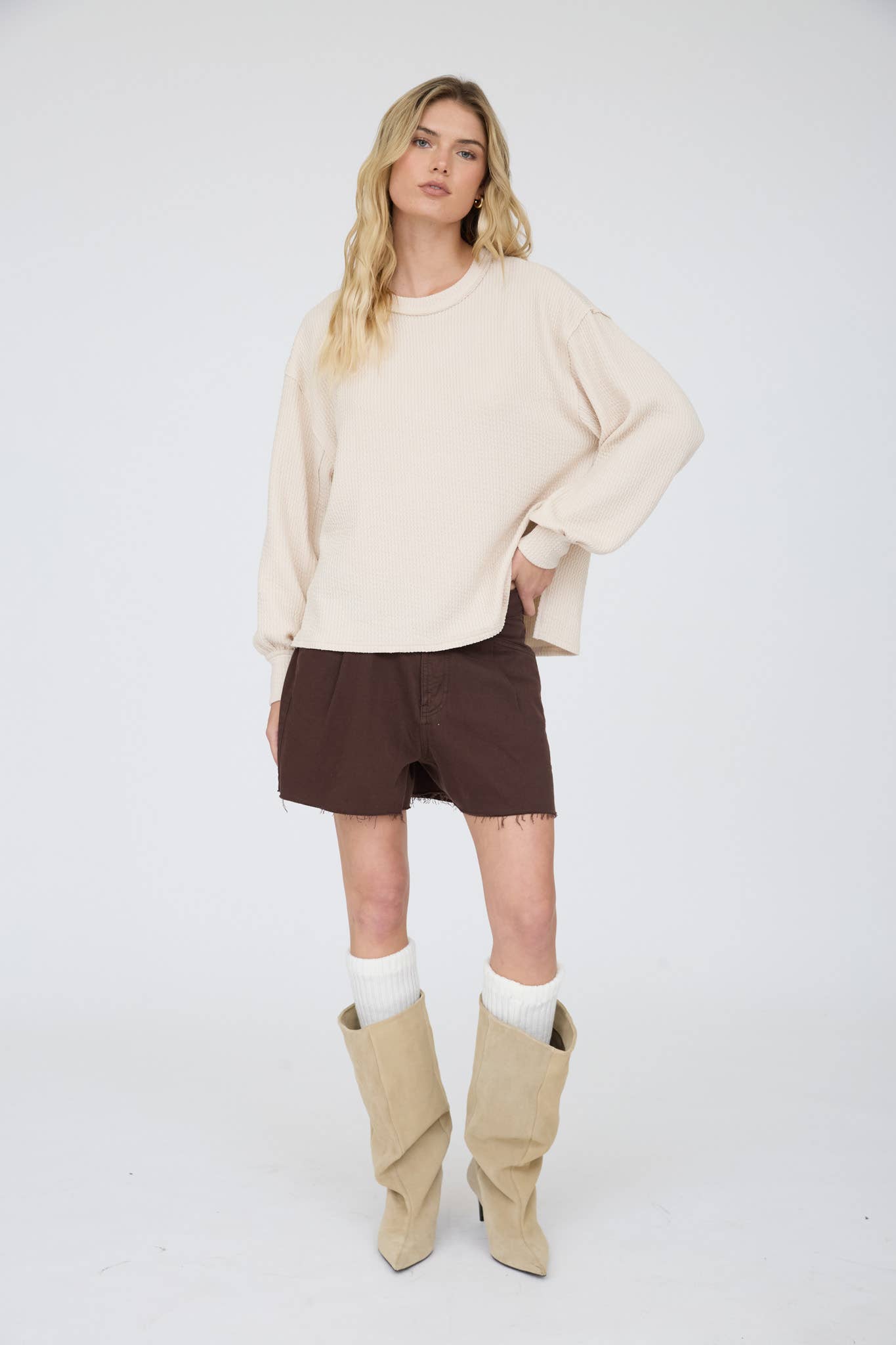 Natural - Textured Exposed Seam Oversized Knit Top
